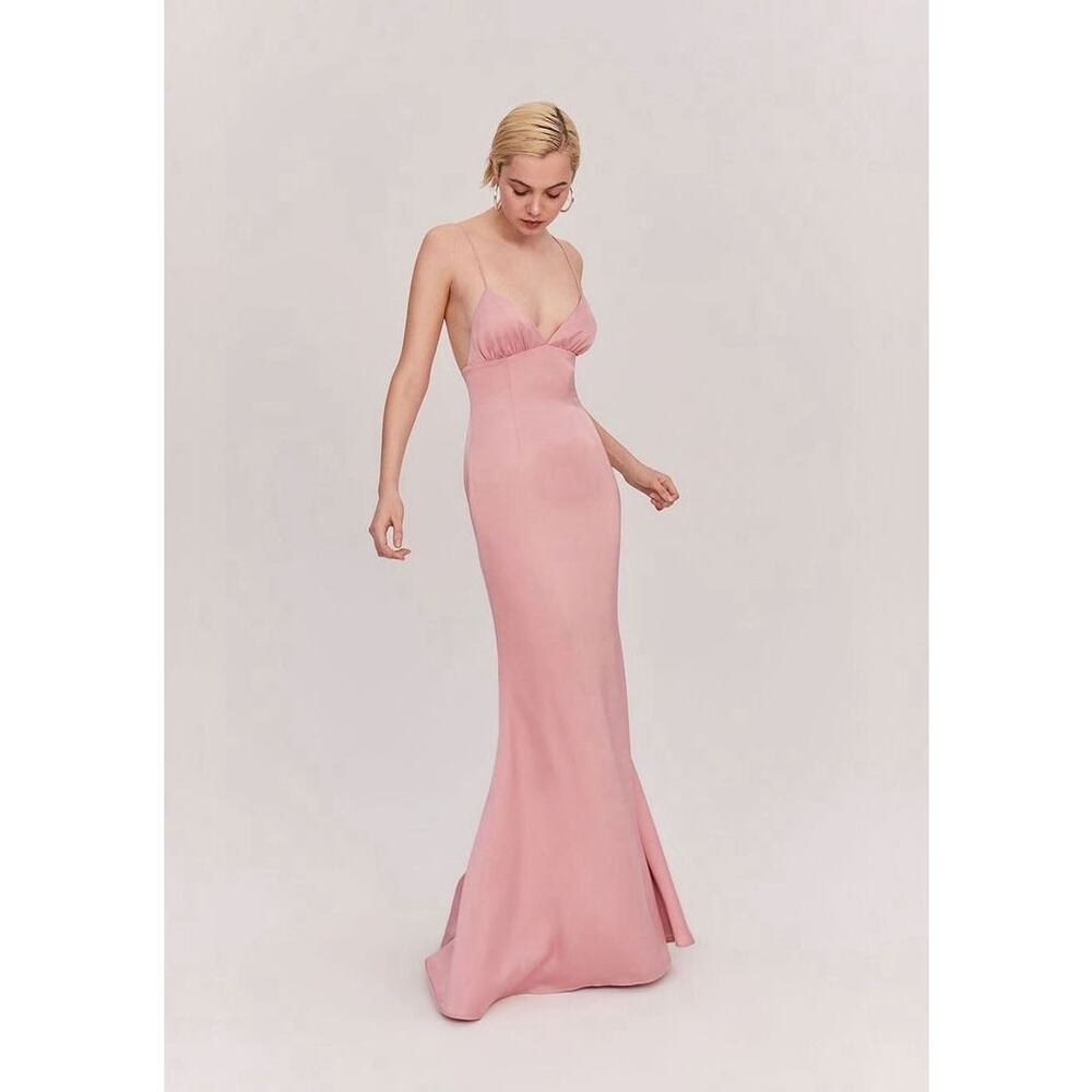 Fame and Partners Trine Dusty Rose Pink Satin V-Neck Maxi Gown Size 4